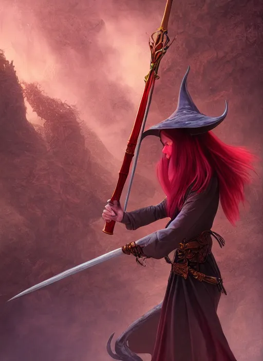 Prompt: photography of beautiful elf witch red hair, holding a magic staff, d & d fantasy character, detailed matte painting, studio lighting, octane render, larry elmore michael whelan artstation