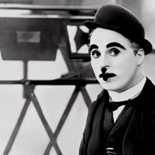Prompt: charlie chaplin watching a new marvel movie