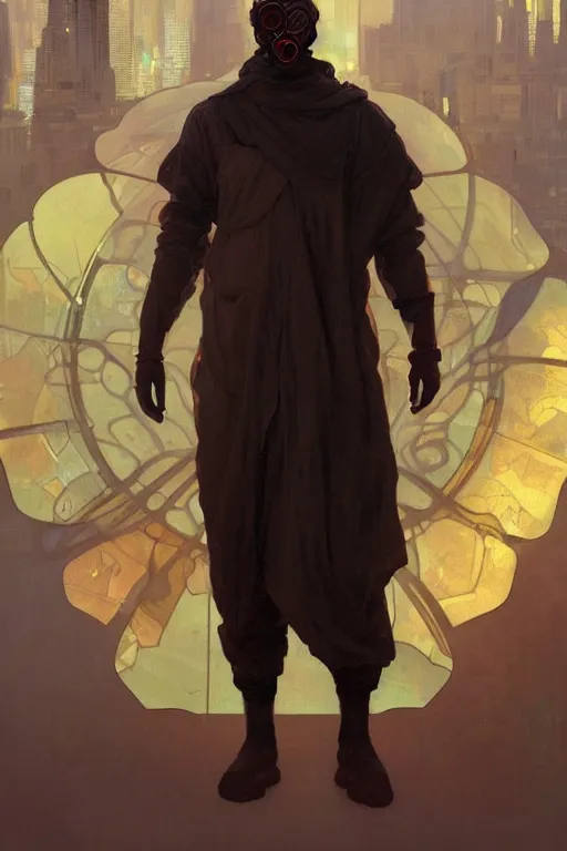 Image similar to a full body portrait oil painting illustration of an arabic man by justin sweet and greg rutkowski and alphonse mucha with face and body clearly visible, techwear, futuristic, cyberpunk, artstation trending, high quality, sombre mood, artstation trending, abstract colours, no crop, entire character!,