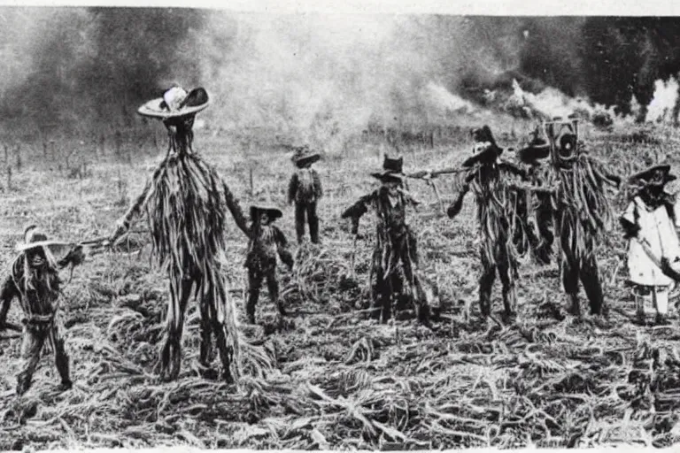 Image similar to disturbing scarecrow from the early 1 9 0 0's burning down the cornfields with a group of children