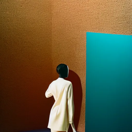 Image similar to realistic photoshooting for a new balenciaga lookbook, color film photography, portrait of a beautiful woman, location in a set design by james turrell, in style of Tyler Mitchell, 35mm,