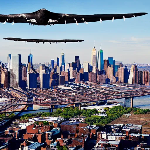 Image similar to cachalots flying over brooklyn