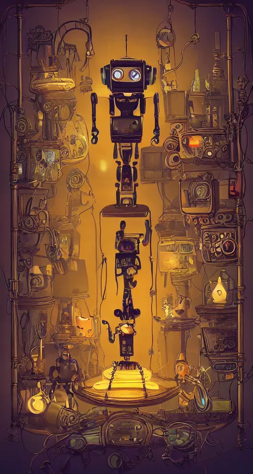 Image similar to a beautiful tapestry of a dream, a robot standing, ultra detailed, dark, steampunk, moody, candles, neon signs, infographic, characters from machinarium, by don bluth, trending on artstation, octane render