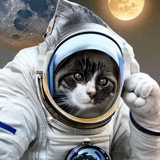 Image similar to a cat astronaut : 5 0 in space looking at the moon : 1 0 0