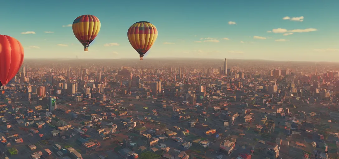 Image similar to a giant hot air balloon of hank hill looms over a city, rendered in octane, high detail, 8 k