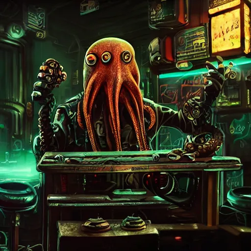 Image similar to a high quality portrait of octopus Davy Jones in a cyberpunk cyberpunk cyberpunk cafe, realism, 8k, award winning photo