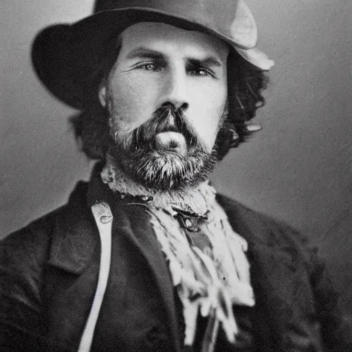 Image similar to A photograph portrait of Jerma985 as a cowboy with a pyramidal mustache in the late 1800s, taken in the late 1800s, 1870s, grainy, taken on a Field View Camera, realistic, hyperrealistic, very realistic, highly detailed, very detailed, extremely detailed, detailed, digital art, trending on artstation