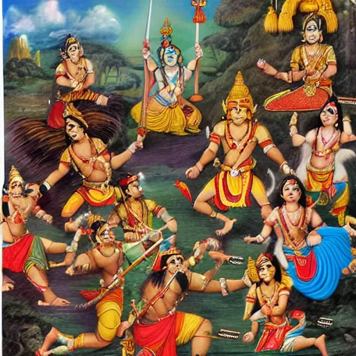 Prompt: indian mythological war of gods, hindu gods, ramayana scene