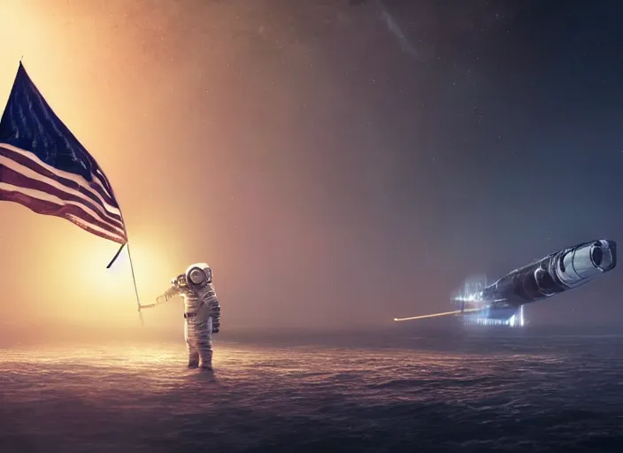 Image similar to astronaut holding a flag in an underwater desert. a submarine is visible in the distance. dark, concept art, cinematic, dramatic, atmospheric, 8 k, trending on artstation, blue, fish, low visibility, fog, ocean floor, christopher nolan, interstellar