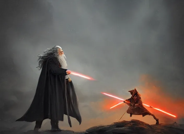 Image similar to gandalf throwing a fire bolt from the floor at darth vader, beautiful landscape, dramatic lighting, cinematic, establishing shot, night time, heavy rain, extremly high detail, photorealistic, cinematic lighting, post processed, concept art, artstation, matte painting, style by greg rutkowsky