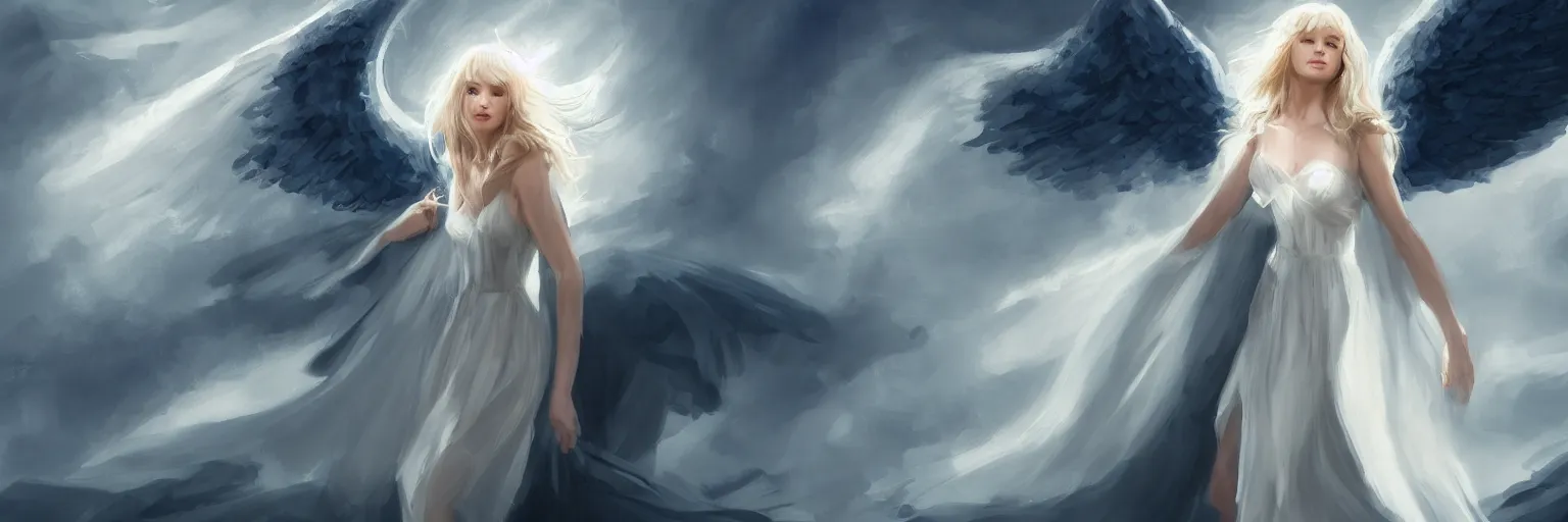 Prompt: a blonde angel with long white dress and dramatic light in the middle of a dark blue valley filled with hundreds of demons, romantic painting, 8 k, artstation, wide angle