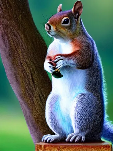 Image similar to a squirrel as king arthur, extremely plump, wearing crown of acorns and dandelions, servant squirrels, king arthur's court, game of thrones, sitting on throne, low angle, palace, fantasy art, cinematic lighting, realistic, sony 2 4 mm f 4. 0