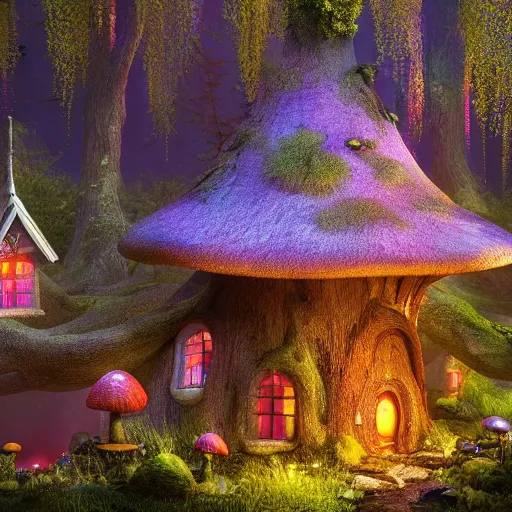 Prompt: a mushroom house in a magical, colorful forest grove at night, blue - glowing willow wisps, trending on artstation, corona renderer, cinematic, hyper realistic detail, concept art