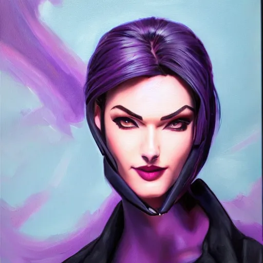 Image similar to oil painting of widowmaker from overwatch in the desert, black and purple jacket, beautiful face, detailed eyes, very detailed face, feminine face, full body