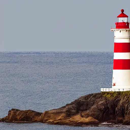 Prompt: A realistic photo of A red and white striped lighthouse shining out onto the sea; a white house with a red roof with the lights on inside; thin dark trees behind; nighttime with stars behind; full moon