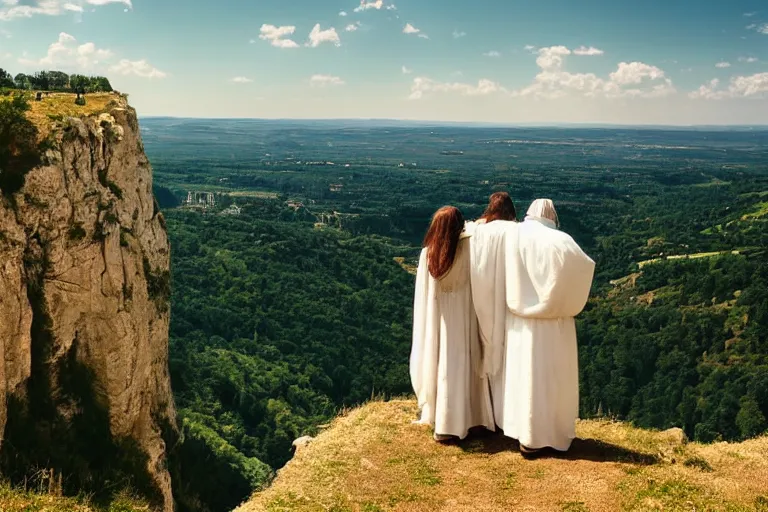 Image similar to a unique digital photo of a jesus and mary magdalene as man and wife standing on a cliff looking over a beautiful landscape in france, rennes - le - chateau, award winning photo, very detailed, very realistic cinematic