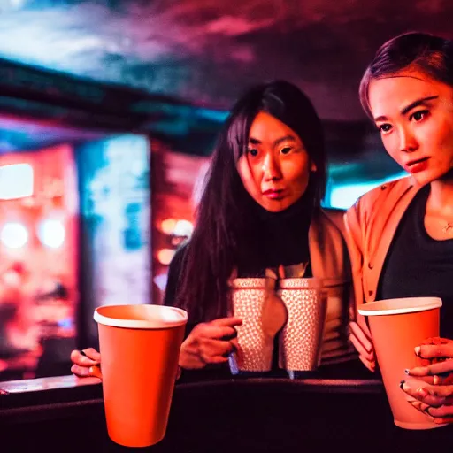 Prompt: photograph of retro techwear people with solo cups loitering near the bar of a packed busy rundown nightclub, retrofuturism, brutalism, cyberpunk, sigma 85mm f/1.4, 35mm, 4k, depth of field, high resolution, 4k, 8k, hd, highly detailed, full color