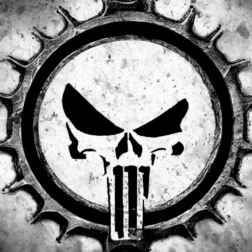 Prompt: punisher logo detailed on fire background epic artwork stylized coherent symmetrical tactical gear
