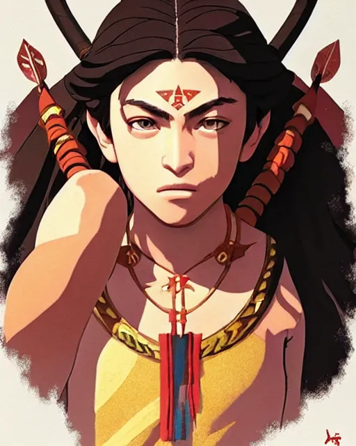 Image similar to young madonna as an azctec warrior, detailed perfect face, exquisite details, fire magic, mid view, design on a white background, by studio muti, greg rutkowski makoto shinkai takashi takeuchi studio ghibli