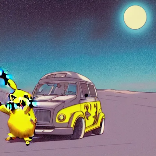 Image similar to a cell shaded cartoon mechanical pikachu, on a desert road, wide shot, in front of a big moon, muted colors, post grunge, josan gonzales, wlop, by james jean, victor ngai, hq, deviantart, art by artgem