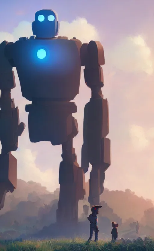 Image similar to iron giant standing near his farm, dynamic lighting, photorealistic fantasy concept art, trending on art station, stunning visuals, creative, cinematic, ultra detailed