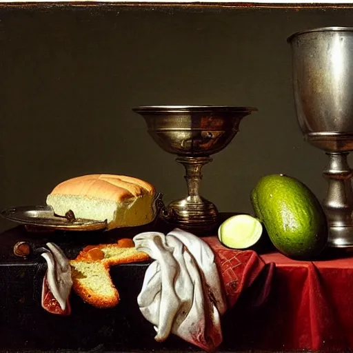 Prompt: still life by willem claesz heda, avocados, bread, linen, a fly, silver, leftover meat pie, overturned chalice, surreal goblets,