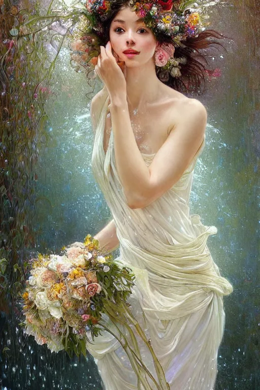 Prompt: portrait of a beautiful woman wearing a white dress, holding a bouquet of flowing flowers, drenched body, wet dripping hair, emerging from the water, fantasy, regal, fractal crystal, fractal gems, by stanley artgerm lau, thomas kindkade, alphonse mucha, loish, norman rockwell