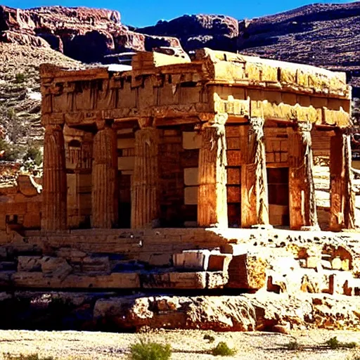 Image similar to ancient Greek Babylonian temple carved into the side of a desert Mesa