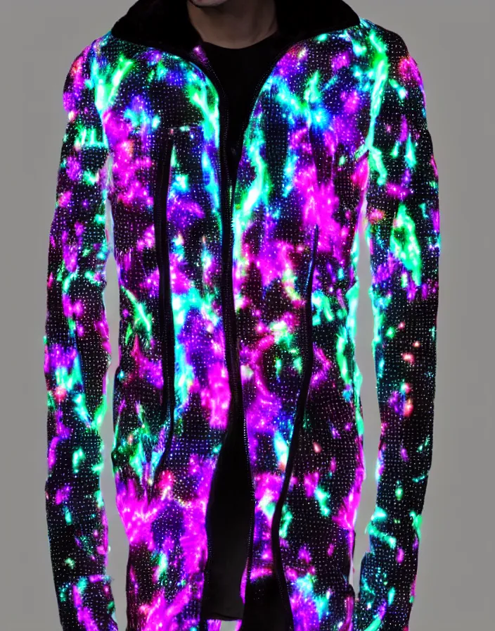 Prompt: generative design autumn season rave jacket with led lights skin and fluffy lining in the style of cyberdog, futuristic psychedelic hippy, product shot, dark background
