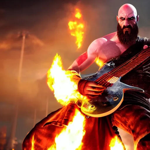 Image similar to kratos shredding on a flaming stratocaster guitar, cinematic render, god of war 2 0 1 8, santa monica studio official media, lightning, red facial stripe