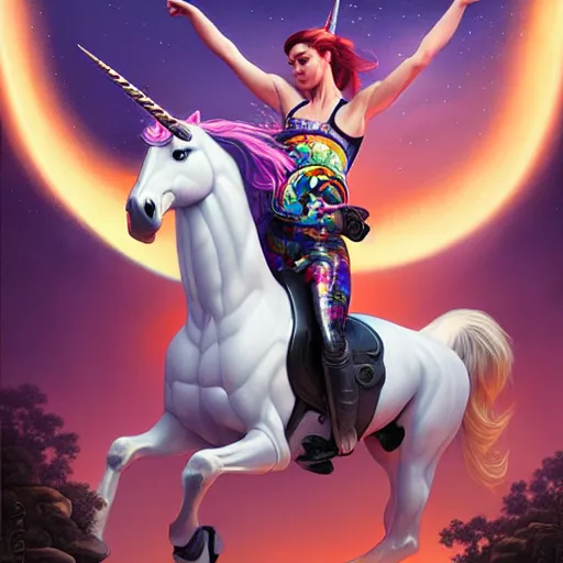 Image similar to portrait of human riding an unicorn, action scene, pixar style, by tristan eaton stanley artgerm and tom bagshaw.