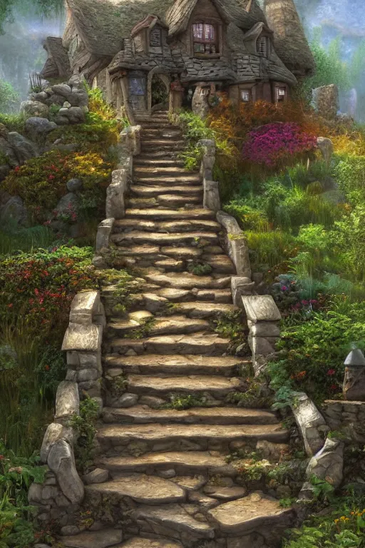 Prompt: matte glossy painting of stone steps fantasy leading to a cottage where a witch lives p artstation by emilia dziubak, will terry, greg olsen, chris mars, ann long, and mark brooks, greg ritkowski, james gurney, architecture, colorful warcraft architecture