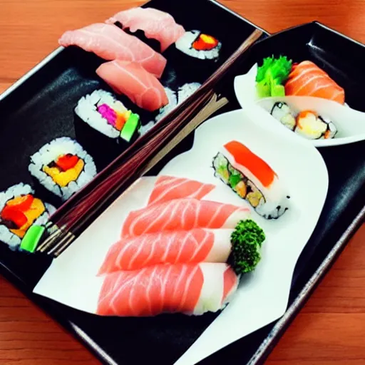 Image similar to photo of a beautiful Japanese girl eating sushi, symmetrical, golden ratio, happy,