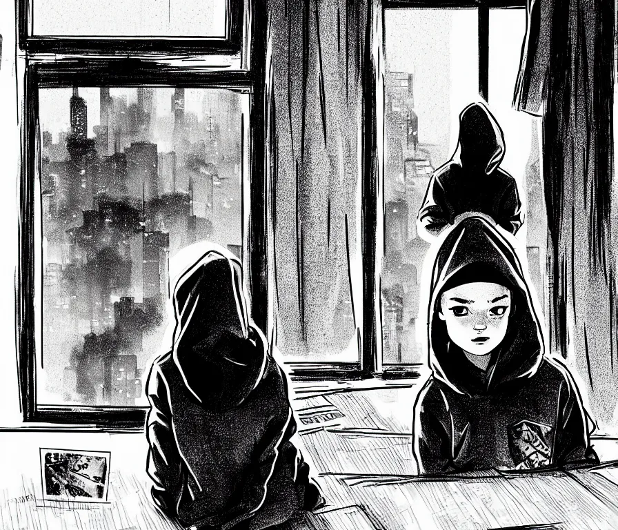 Image similar to outdoors : sadie sink in hoodie sits on windowsill, knees tucked in | rain falls at night : storyboard panel, scifi cyberpunk, b & w. by gabriel hardman, joe alves, chris bonura. cinematic atmosphere, detailed and intricate, perfect anatomy