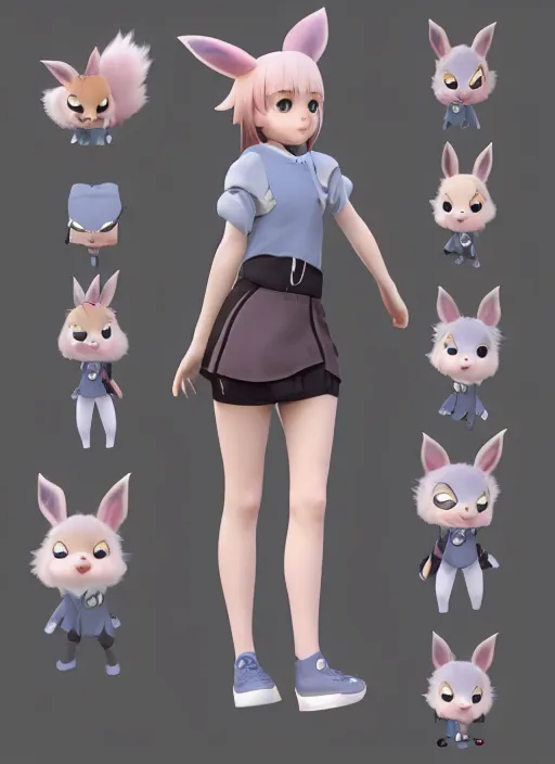 Image similar to female eevee mini cute girl, character adoptable, highly detailed, rendered, ray - tracing, cgi animated, 3 d demo reel avatar, style of maple story and zootopia, maple story eevee trainer, fluffy, dark skin, cool clothes, soft shade, soft lighting, portrait pose