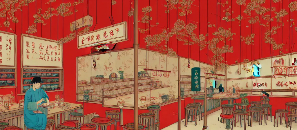 Image similar to a beautiful simple 4 k hd wall paper illustration of interior view of the corner of roasted string hotpot shop, simple style, wall painting, from china, with merchant logo, simple structure, surrealistic, chinese style, victo ngai, james jean, denoise, deblurring