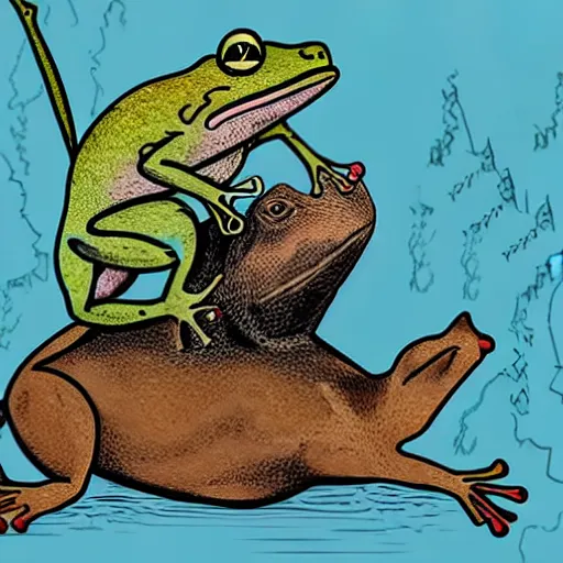 Image similar to a frog riding on a pig in a nuclear wasteland