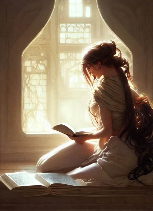 Prompt: a girl reading a book, her hair flowing down, intricate, highly detailed, dynamic lighting, digital art, digital painting, artstation, wlop, sharp focus, illustration, art by artgerm and greg rutkowski and alphonse mucha