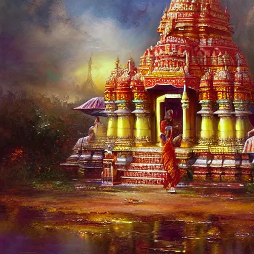 Prompt: hindu temple in south india by raymond swanland, highly detailed, bright tones