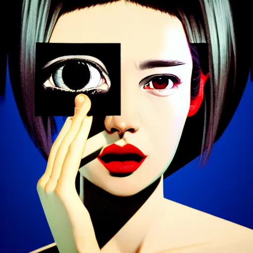 Prompt: collage artist with warm eyes, slim features looking cross - eyed at you. box office hit, satire and seventies italian horror movie, unreal engine, intricate, ultra detailed 8 k, ambient reflective occlusion, extremely beautiful and aesthetic shape of face and neck, art by hiroaki samura and ilya kuvshinov and rossdraws and andy warhol, inverted