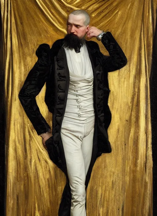 Image similar to highly detailed oil painting | very intricate | cinematic lighting | black, white and gold color scheme, dark background | a man dressed by alexander mcqueen | by roberto ferri, by gustav moreau, by singer sargent and klimt, american romanticism, occult art | by austin osman spare, artstation, cgsociety, official art, octane