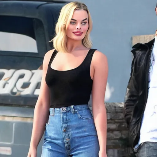 Prompt: Margot Robbie holding an AK-47 GTA V Cover art