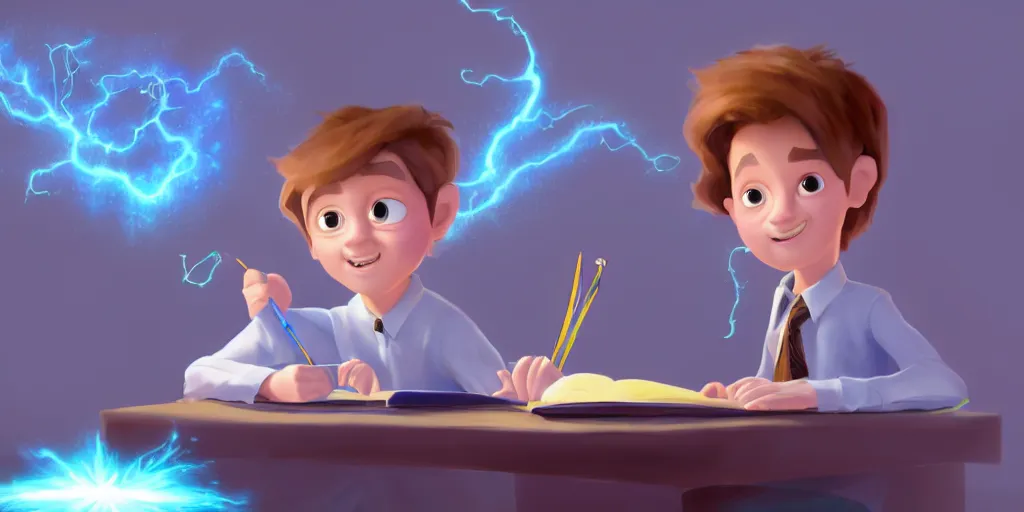 Image similar to a young boy wizard with brown hair and is standing at his desk working on a new spell that is casting out flowing energy, colorful, flowing energy, light rays, consistent face, medium shot, waist up, pixar and disney animation, sharp, concept art, highly detailed, trending on artstation, bloom, dramatic lighting, cinematic