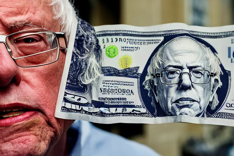 Image similar to closeup potrait of bernie sanders giving you a crisp hundred dollar bill in a washington street, screen light, sharp, detailed face, magazine, press, photo, Steve McCurry, David Lazar, Canon, Nikon, focus