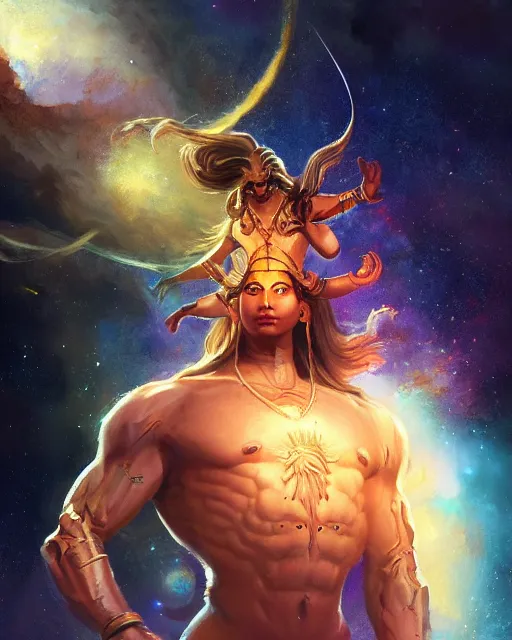 Image similar to full body portrait of Lord Shiva in Outer Space by Stanley Artgerm Lau, WLOP, Rossdraws, frank frazetta, Andrei Riabovitchev, Marc Simonetti, tranding on artstation