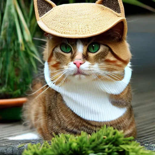 Prompt: cat wearing a rice hat