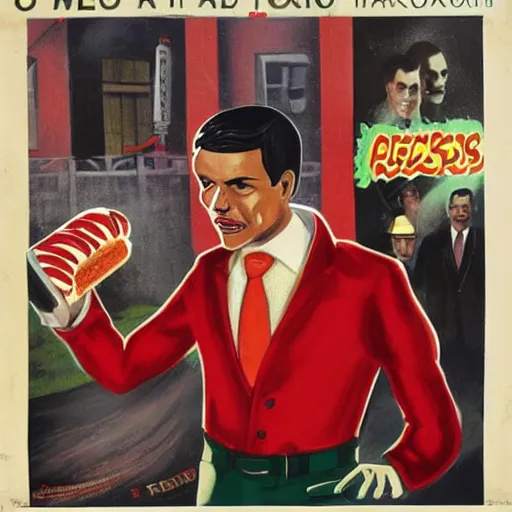 Image similar to pedro sanchez wearing a toreador suit, in a propaganda poster, selling hot dogs