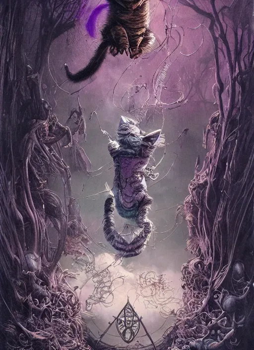 Image similar to cheshire cat the magician tarot card, highly detailed, cinematic, 8 k, by stanley artgermm, tom bagshaw, greg rutkowski, carne griffiths, ayami kojima, beksinski, giger, trending on deviantart, hyper detailed, horror, full of colour