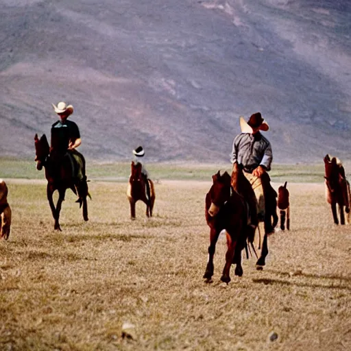 Image similar to Cowboy Christian Bale is leading the horses towards the ranch, 1980 style photography