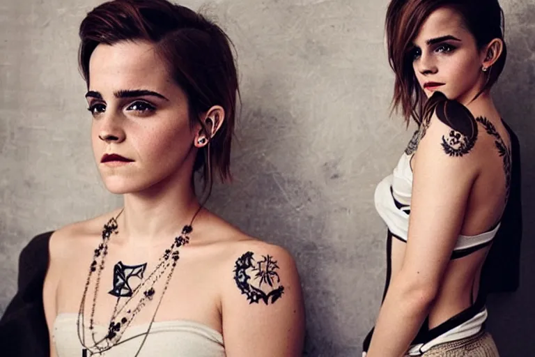 Image similar to emma watson, dope tattoo, hyperrealistic